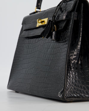 *HOT* Hermès Vintage Kelly 32 Sellier Bag in Noir Porosus Crocodile Leather with Gold Hardware