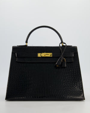 *HOT* Hermès Vintage Kelly 32 Sellier Bag in Noir Porosus Crocodile Leather with Gold Hardware