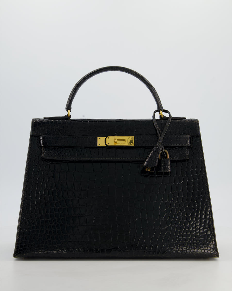 *HOT* Hermès Vintage Kelly 32 Sellier Bag in Noir Porosus Crocodile Leather with Gold Hardware