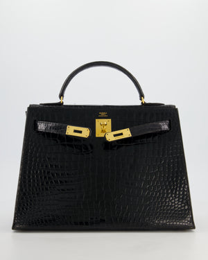 *HOT* Hermès Vintage Kelly 32 Sellier Bag in Noir Porosus Crocodile Leather with Gold Hardware