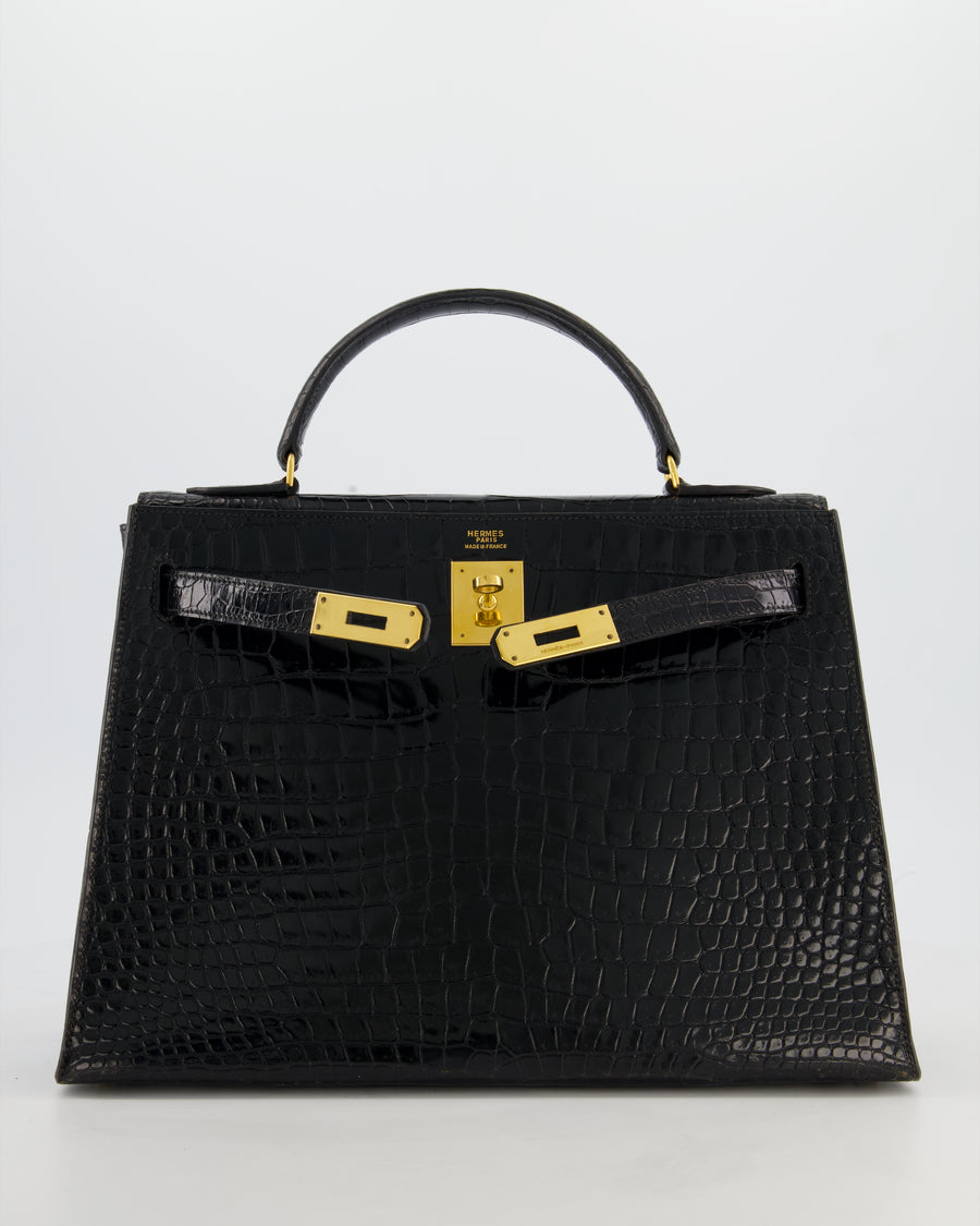 *HOT* Hermès Vintage Kelly 32 Sellier Bag in Noir Porosus Crocodile Leather with Gold Hardware