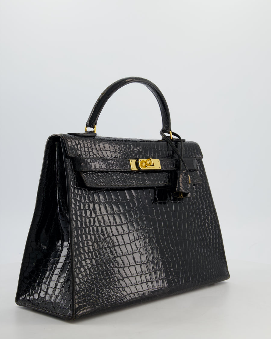 *HOT* Hermès Vintage Kelly 32 Sellier Bag in Noir Porosus Crocodile Leather with Gold Hardware