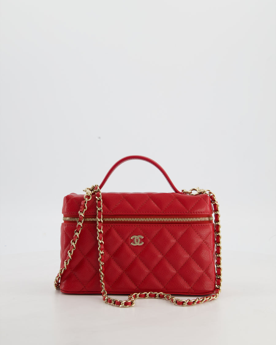 Chanel Red Long Vanity Case Bag in Caviar Leather with Champagne Gold Hardware