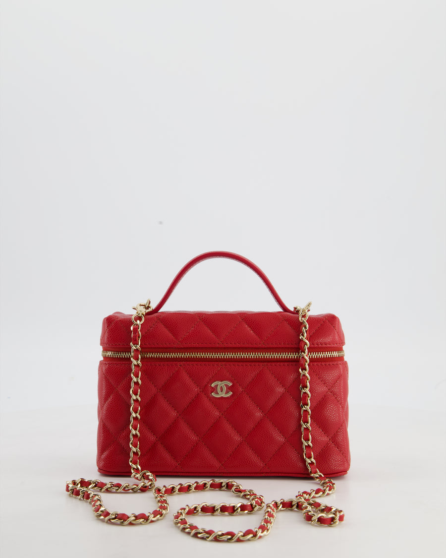 Chanel Red Long Vanity Case Bag in Caviar Leather with Champagne Gold Hardware