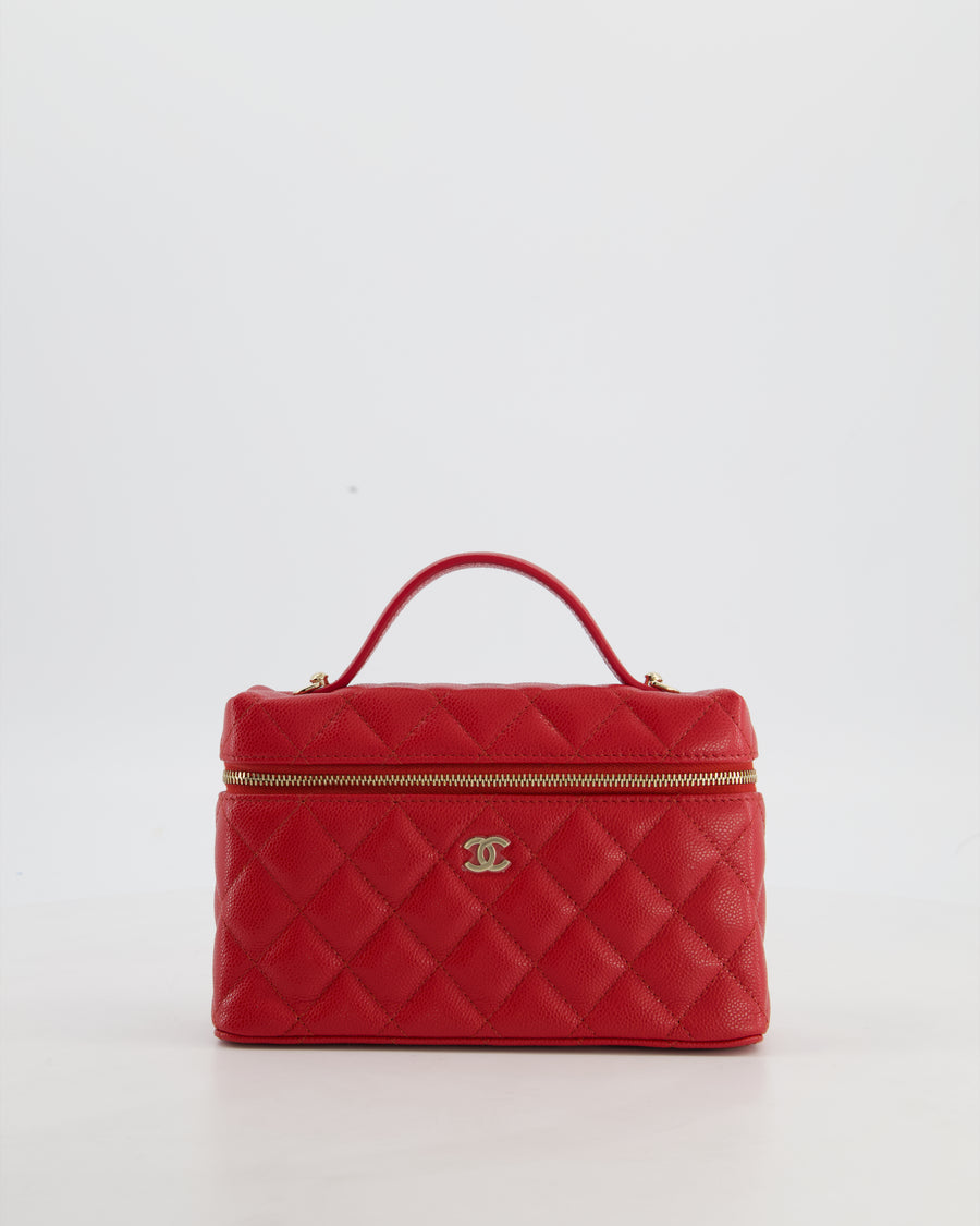 Chanel Red Long Vanity Case Bag in Caviar Leather with Champagne Gold Hardware