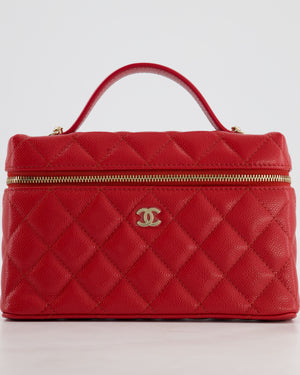 Chanel Red Long Vanity Case Bag in Caviar Leather with Champagne Gold Hardware