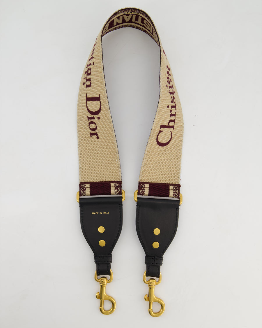Christian Dior Burgundy & Ecru Canvas Guitar Bag Strap with Antique Gold Hardware & Black Leather