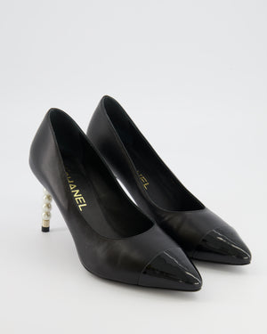 Chanel Black Leather Pumps with Patent Leather Toecap and Pearl Embellished Heel with Champagne Gold CC Logo Detail Size EU 38C