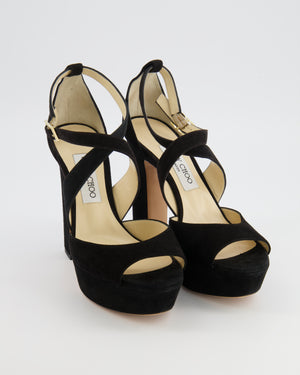 Jimmy Choo Black Suede April 120 Heeled Platform Sandals with Crossover Strap Detail Size EU 38