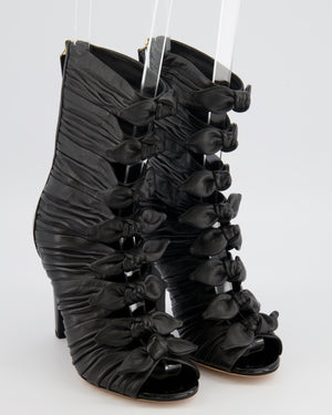 Chanel Black Leather Bow Open-Toe Heeled Boots with Patent Leather Heels and Champagne Gold CC Logo Detail Size EU 38.5