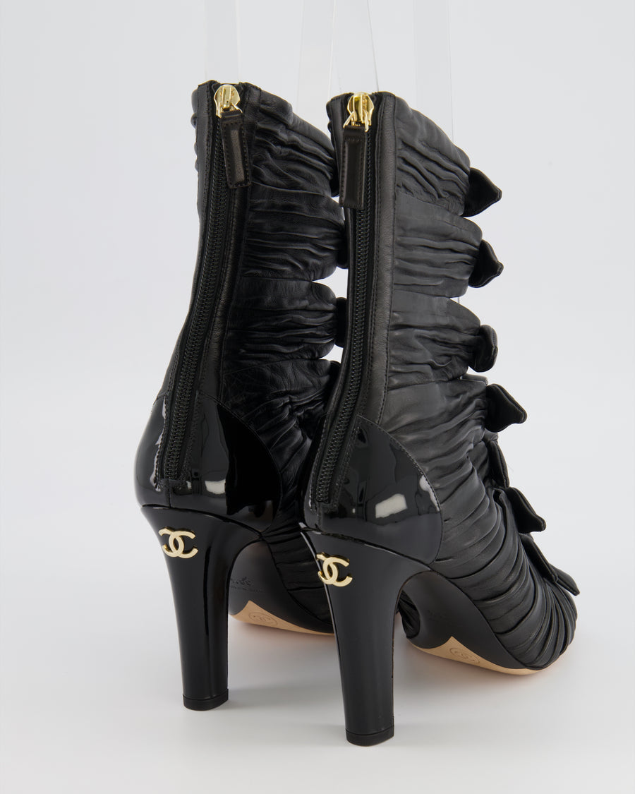 Chanel Black Leather Bow Open-Toe Heeled Boots with Patent Leather Heels and Champagne Gold CC Logo Detail Size EU 38.5