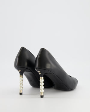 Chanel Black Leather Pumps with Patent Leather Toecap and Pearl Embellished Heel with Champagne Gold CC Logo Detail Size EU 38C