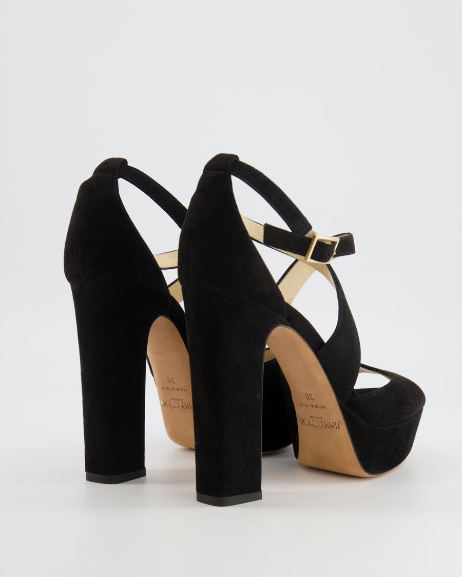 Jimmy Choo Black Suede April 120 Heeled Platform Sandals with Crossover Strap Detail Size EU 38