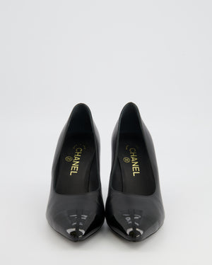 Chanel Black Leather Pumps with Patent Leather Toecap and Pearl Embellished Heel with Champagne Gold CC Logo Detail Size EU 38C