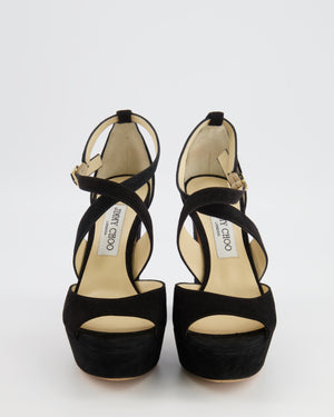Jimmy Choo Black Suede April 120 Heeled Platform Sandals with Crossover Strap Detail Size EU 38