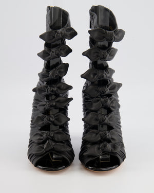 Chanel Black Leather Bow Open-Toe Heeled Boots with Patent Leather Heels and Champagne Gold CC Logo Detail Size EU 38.5
