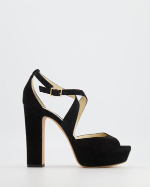 Jimmy Choo Black Suede April 120 Heeled Platform Sandals with Crossover Strap Detail Size EU 38