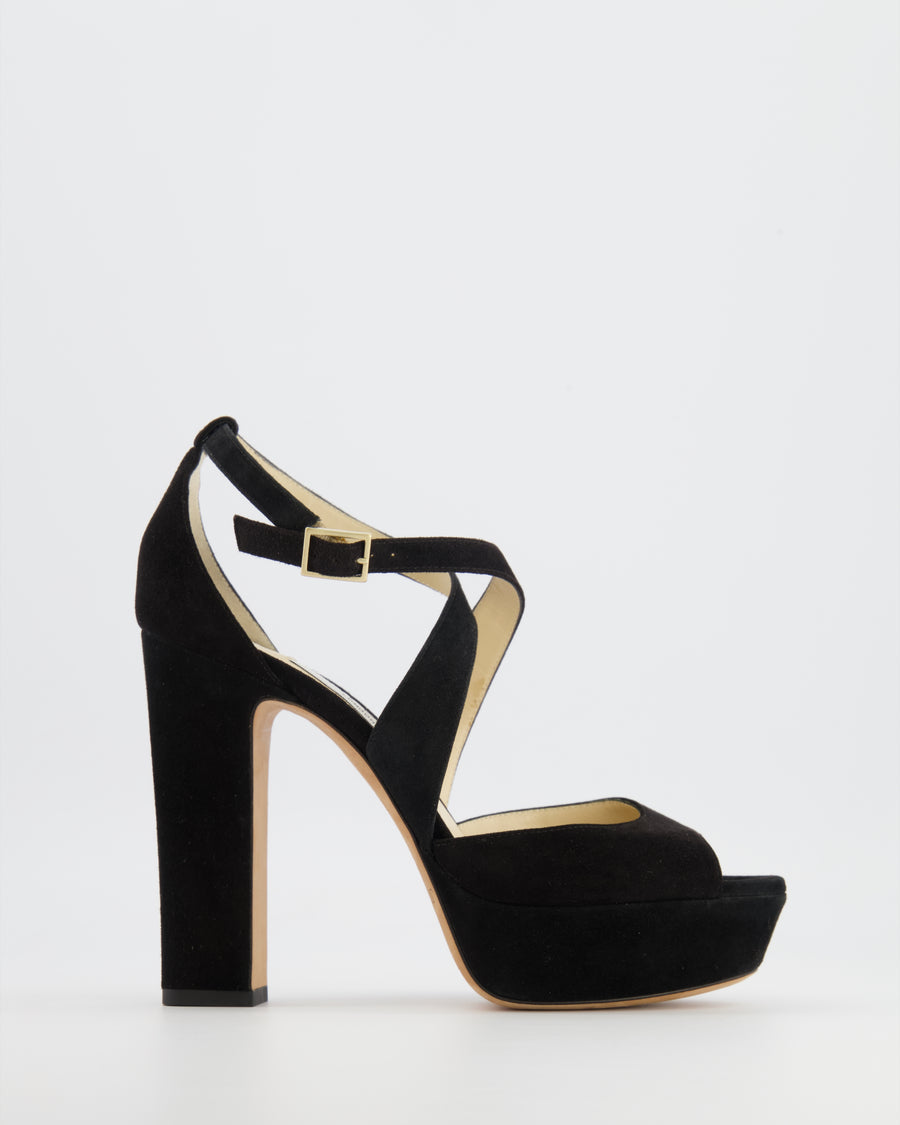 Jimmy Choo Black Suede April 120 Heeled Platform Sandals with Crossover Strap Detail Size EU 38