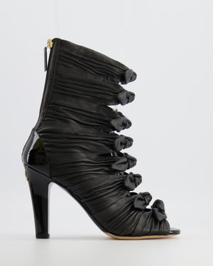Chanel Black Leather Bow Open-Toe Heeled Boots with Patent Leather Heels and Champagne Gold CC Logo Detail Size EU 38.5