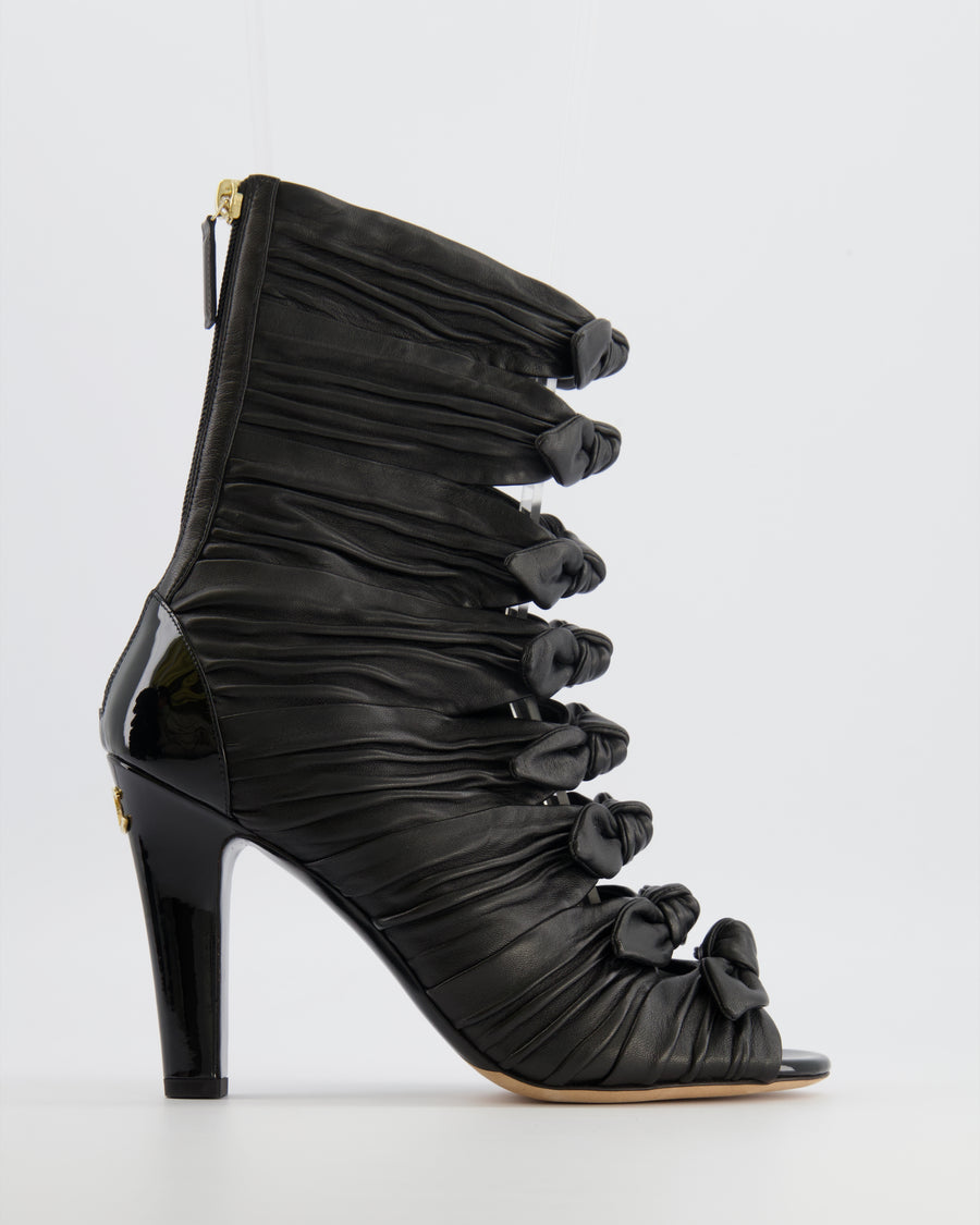 Chanel Black Leather Bow Open-Toe Heeled Boots with Patent Leather Heels and Champagne Gold CC Logo Detail Size EU 38.5