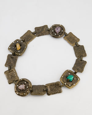 *RUNWAY* Chanel A/W 1997 Vintage Gun-Metal Brutalist Belt with Amethyst Stones, CC Logo Stamps and Small Rhinestones
