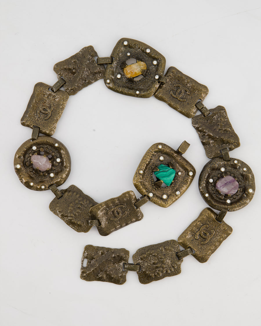 *RUNWAY* Chanel A/W 1997 Vintage Gun-Metal Brutalist Belt with Amethyst Stones, CC Logo Stamps and Small Rhinestones