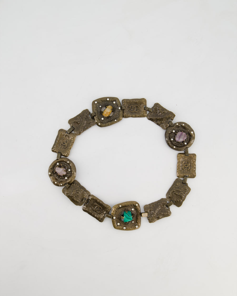 *RUNWAY* Chanel A/W 1997 Vintage Gun-Metal Brutalist Belt with Amethyst Stones, CC Logo Stamps and Small Rhinestones