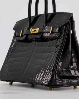 *ULTRA RARE* Hermès Birkin 25 Retourne Bag in Noir Shiny Crocodile Niloticus Leather with Gold Hardware