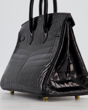 *ULTRA RARE* Hermès Birkin 25 Retourne Bag in Noir Shiny Crocodile Niloticus Leather with Gold Hardware
