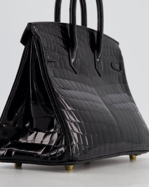*ULTRA RARE* Hermès Birkin 25 Retourne Bag in Noir Shiny Crocodile Niloticus Leather with Gold Hardware