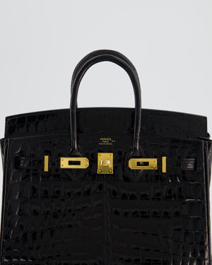 *ULTRA RARE* Hermès Birkin 25 Retourne Bag in Noir Shiny Crocodile Niloticus Leather with Gold Hardware