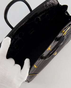 *ULTRA RARE* Hermès Birkin 25 Retourne Bag in Noir Shiny Crocodile Niloticus Leather with Gold Hardware