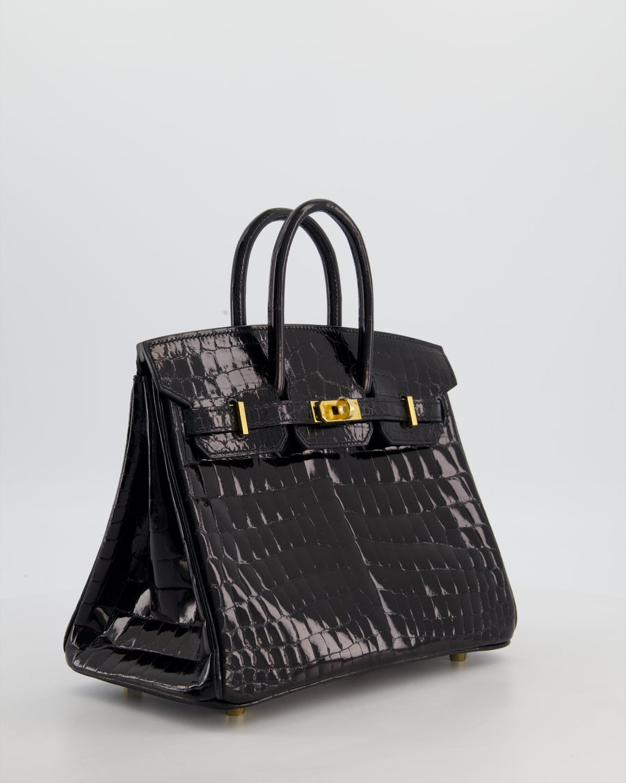 *ULTRA RARE* Hermès Birkin 25 Retourne Bag in Noir Shiny Crocodile Niloticus Leather with Gold Hardware