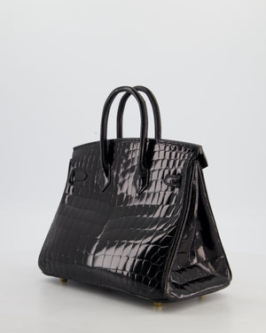 *ULTRA RARE* Hermès Birkin 25 Retourne Bag in Noir Shiny Crocodile Niloticus Leather with Gold Hardware