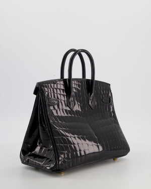 *ULTRA RARE* Hermès Birkin 25 Retourne Bag in Noir Shiny Crocodile Niloticus Leather with Gold Hardware
