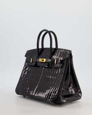 *ULTRA RARE* Hermès Birkin 25 Retourne Bag in Noir Shiny Crocodile Niloticus Leather with Gold Hardware