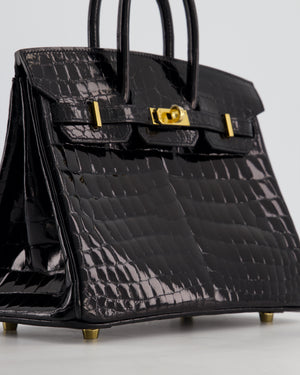 *ULTRA RARE* Hermès Birkin 25 Retourne Bag in Noir Shiny Crocodile Niloticus Leather with Gold Hardware