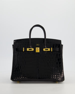 *ULTRA RARE* Hermès Birkin 25 Retourne Bag in Noir Shiny Crocodile Niloticus Leather with Gold Hardware