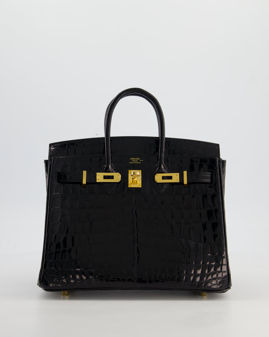 *ULTRA RARE* Hermès Birkin 25 Retourne Bag in Noir Shiny Crocodile Niloticus Leather with Gold Hardware
