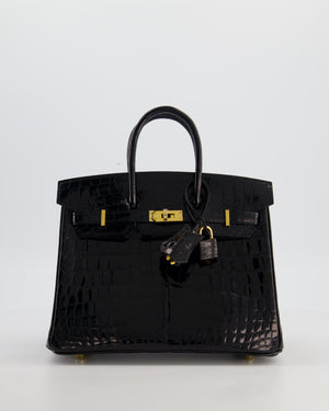 *ULTRA RARE* Hermès Birkin 25 Retourne Bag in Noir Shiny Crocodile Niloticus Leather with Gold Hardware