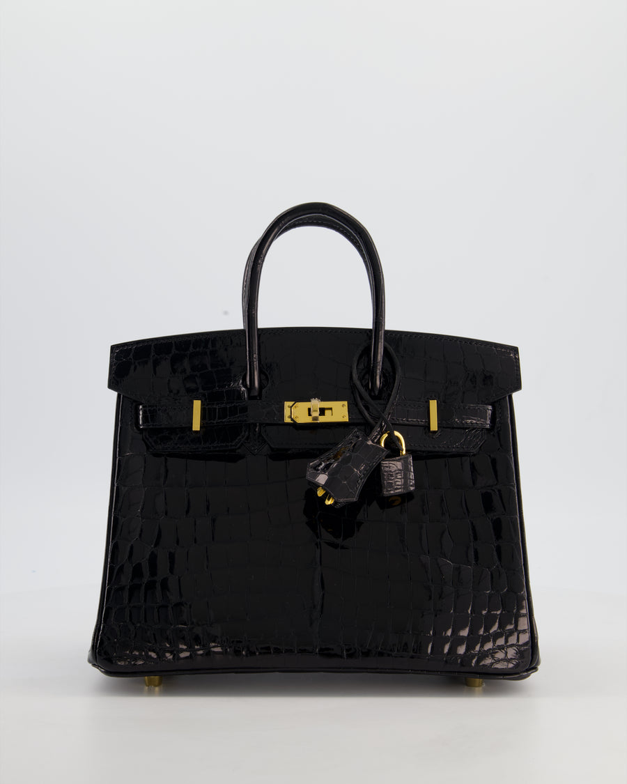 *ULTRA RARE* Hermès Birkin 25 Retourne Bag in Noir Shiny Crocodile Niloticus Leather with Gold Hardware