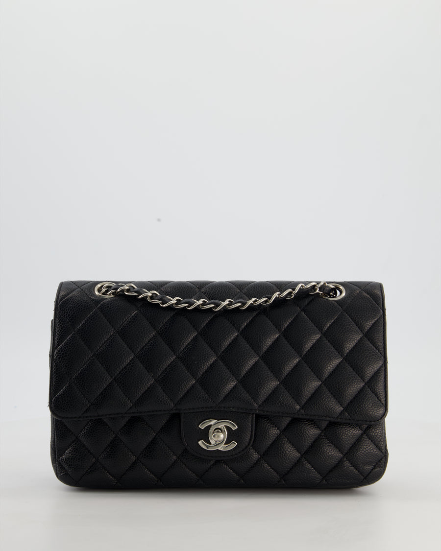Chanel Black Medium Classic Double Flap Bag in Caviar Leather with Silver Hardware