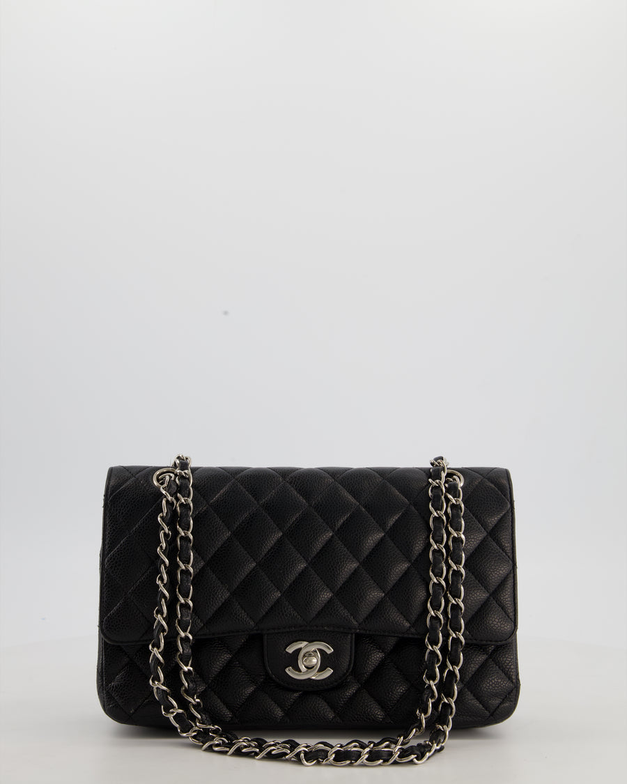 Chanel Black Medium Classic Double Flap Bag in Caviar Leather with Silver Hardware