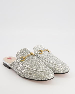 Gucci Silver Glitter Princetown Mules with Gold Hardware Size EU 38.5