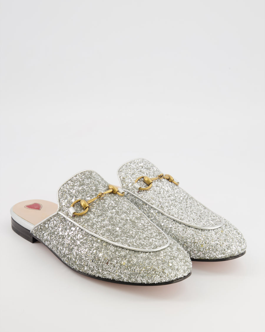 Gucci Silver Glitter Princetown Mules with Gold Hardware Size EU 38.5