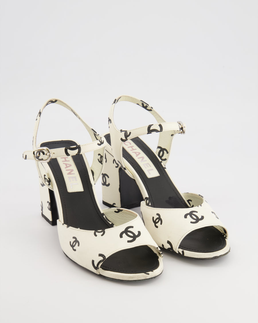 Chanel SS22 White and Black CC Logo Ankle-Strap Heeled Sandals Size EU 38