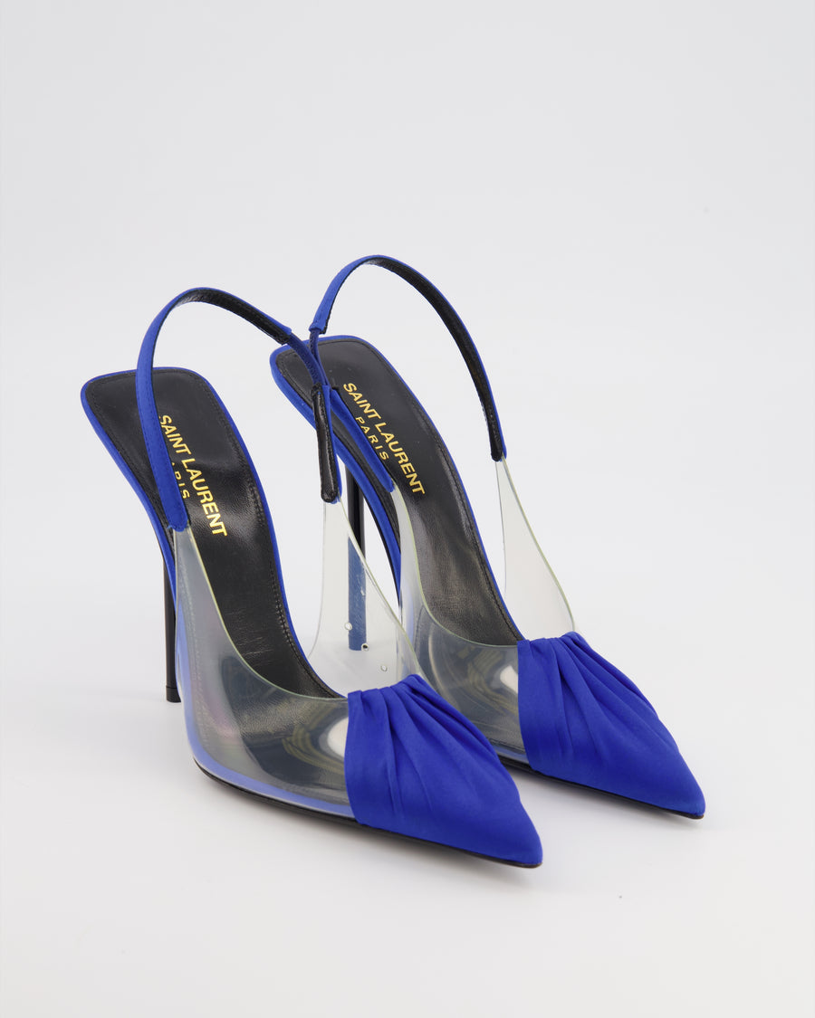 Saint Laurent Blue Chica PVC and Satin Slingback Pumps Size EU 37.5
