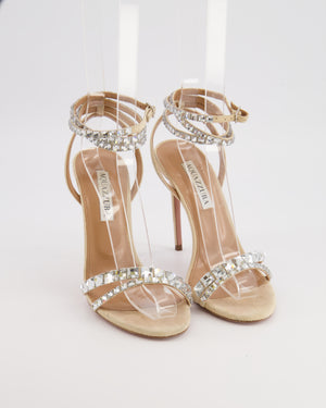 Aquazzura Beige Suede Heeled Sandals with Crystal Embellishments Size EU 37.5