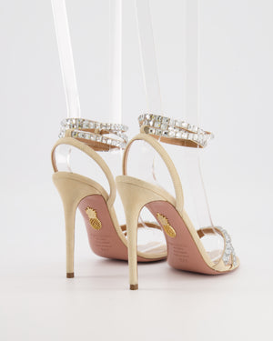 Aquazzura Beige Suede Heeled Sandals with Crystal Embellishments Size EU 37.5