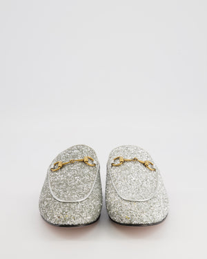 Gucci Silver Glitter Princetown Mules with Gold Hardware Size EU 38.5